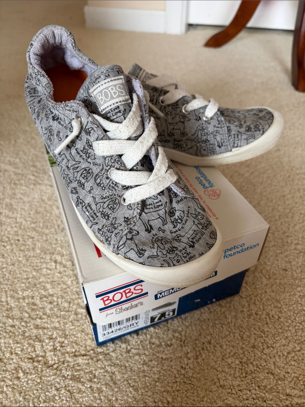 Skechers BOBS Women’s Grey Dog-Lover Patterned Lace-Up Sneakers with White Soles